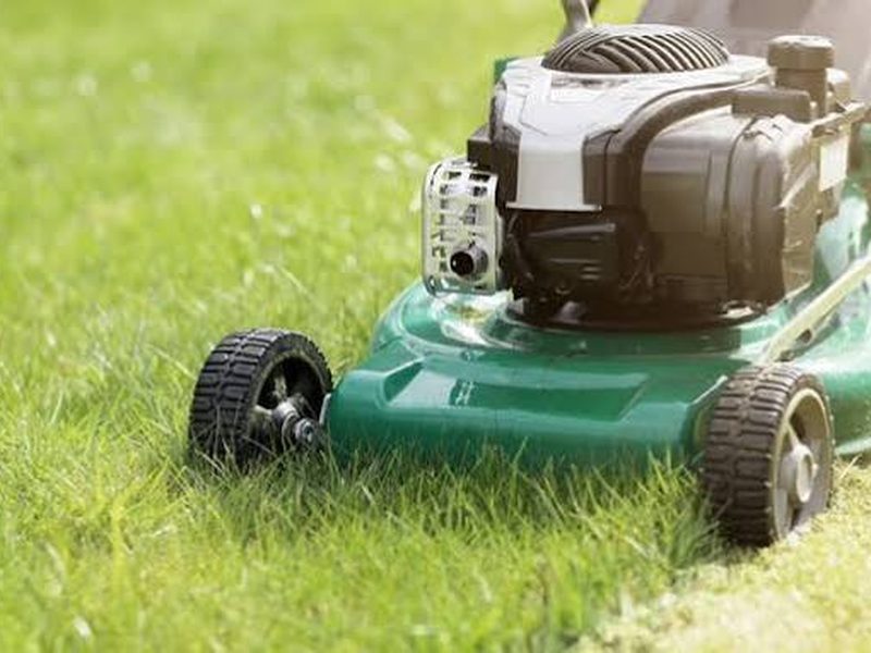 Lawn mower cutting a clean stripe into green grass